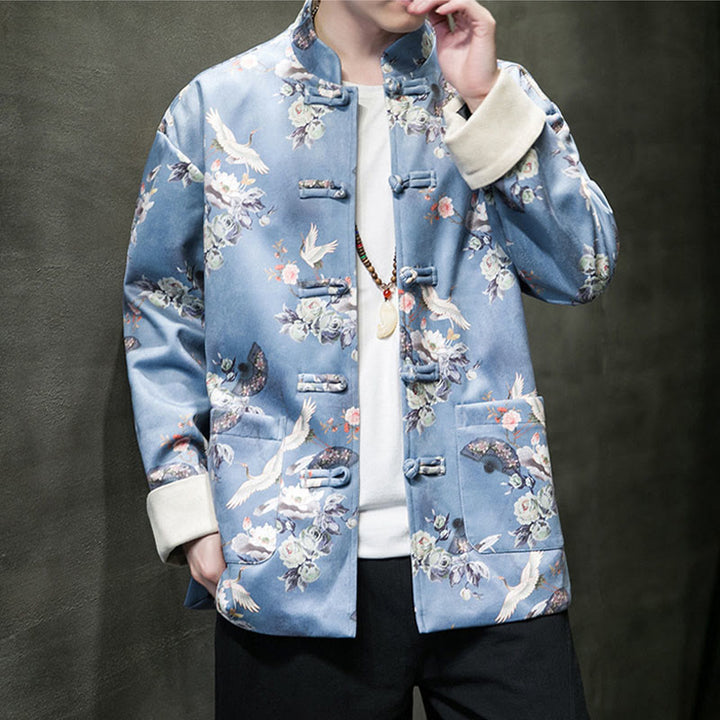 Buddha Stones Vestiti per il capodanno cinese Fiori Ventaglio Uccelli Rana-bottoni Tang Suit Giacca da uomo in cotone Camicia con tasche - image 13