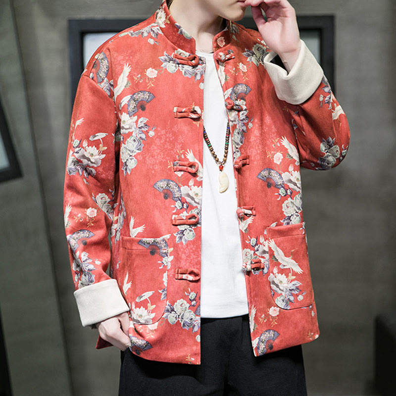 Buddha Stones Vestiti per il capodanno cinese Fiori Ventaglio Uccelli Rana-bottoni Tang Suit Giacca da uomo in cotone Camicia con tasche - image 7