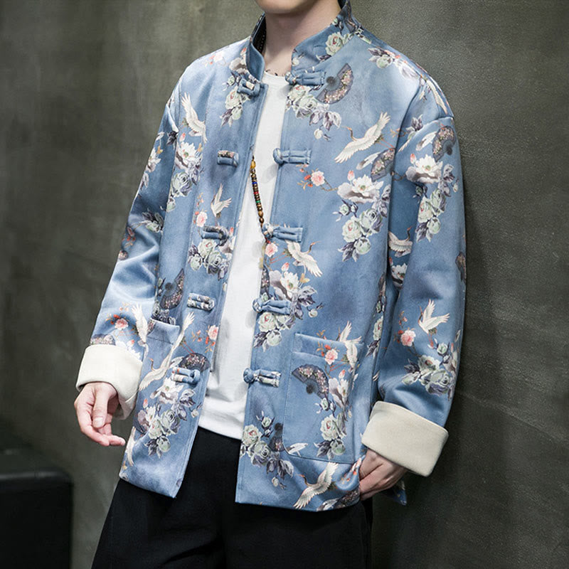 Buddha Stones Vestiti per il capodanno cinese Fiori Ventaglio Uccelli Rana-bottoni Tang Suit Giacca da uomo in cotone Camicia con tasche - image 14