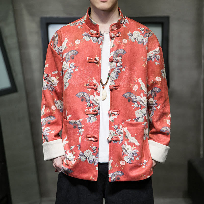 Buddha Stones Vestiti per il capodanno cinese Fiori Ventaglio Uccelli Rana-bottoni Tang Suit Giacca da uomo in cotone Camicia con tasche - RossoArancione - US/UK/AU46, EU56 (5XL) - image 0