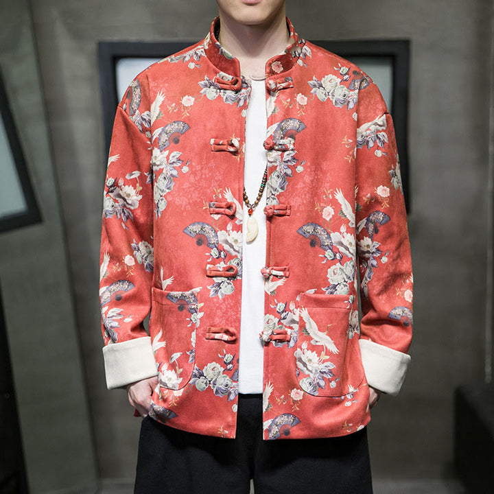 Buddha Stones Vestiti per il capodanno cinese Fiori Ventaglio Uccelli Rana-bottoni Tang Suit Giacca da uomo in cotone Camicia con tasche - RossoArancione - US/UK/AU46, EU56 (5XL) - image 0