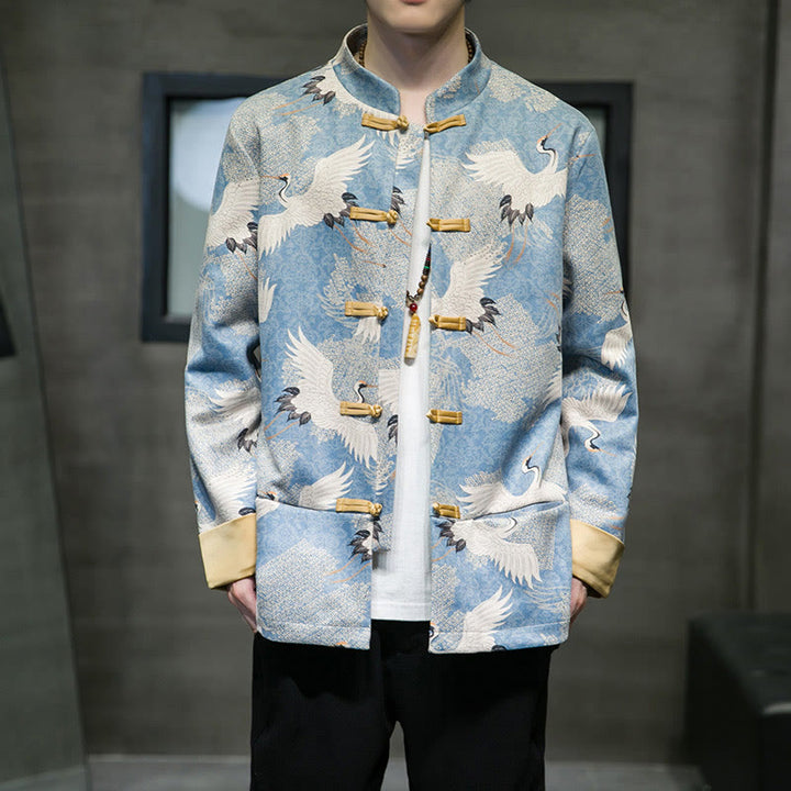 Buddha Stones Vestiti per il capodanno cinese Gru bianca Rana dorata Bottoni Tang Suit Giacca da uomo in cotone Camicia con tasche