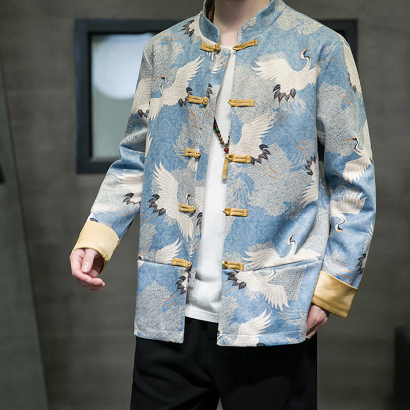 Buddha Stones Vestiti per il capodanno cinese Gru bianca Rana dorata Bottoni Tang Suit Giacca da uomo in cotone Camicia con tasche