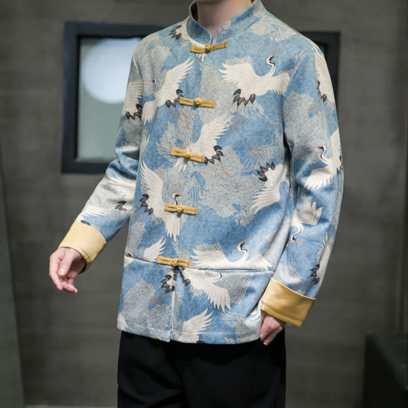 Buddha Stones Vestiti per il capodanno cinese Gru bianca Rana dorata Bottoni Tang Suit Giacca da uomo in cotone Camicia con tasche