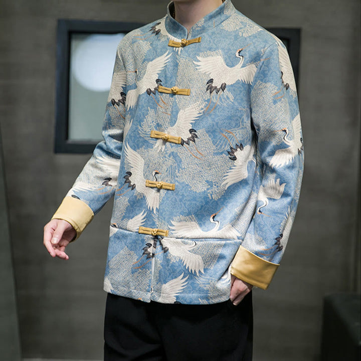Buddha Stones Vestiti per il capodanno cinese Gru bianca Rana dorata Bottoni Tang Suit Giacca da uomo in cotone Camicia con tasche
