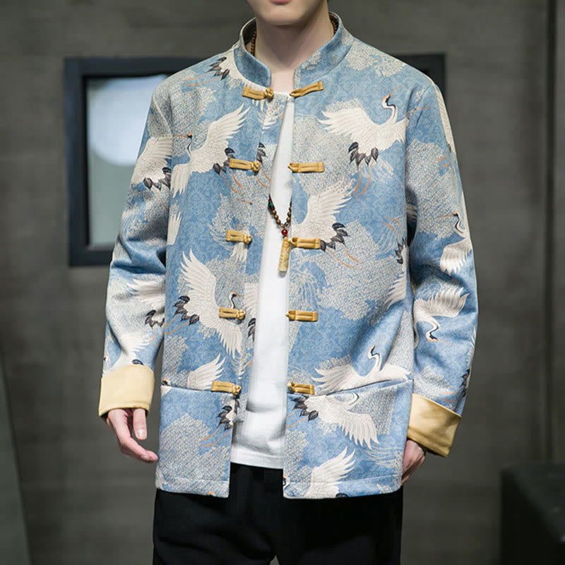 Buddha Stones Vestiti per il capodanno cinese Gru bianca Rana dorata Bottoni Tang Suit Giacca da uomo in cotone Camicia con tasche