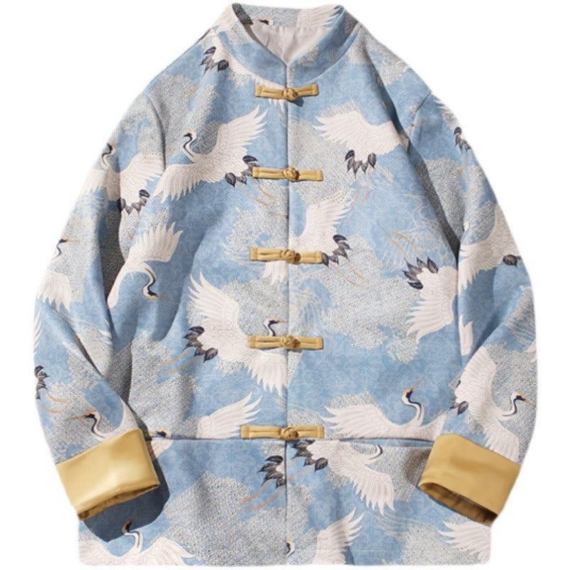 Buddha Stones Vestiti per il capodanno cinese Gru bianca Rana dorata Bottoni Tang Suit Giacca da uomo in cotone Camicia con tasche