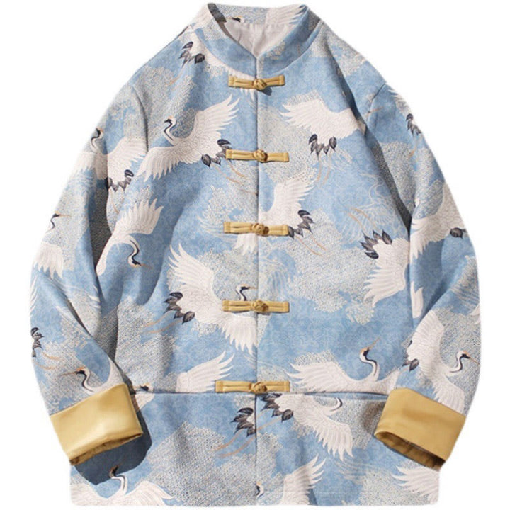 Buddha Stones Vestiti per il capodanno cinese Gru bianca Rana dorata Bottoni Tang Suit Giacca da uomo in cotone Camicia con tasche