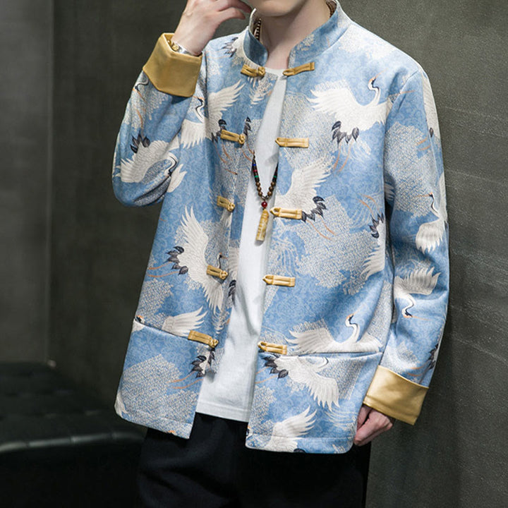 Buddha Stones Vestiti per il capodanno cinese Gru bianca Rana dorata Bottoni Tang Suit Giacca da uomo in cotone Camicia con tasche - image 4