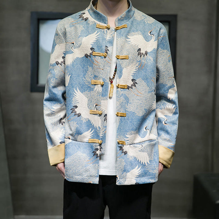 Buddha Stones Vestiti per il capodanno cinese Gru bianca Rana dorata Bottoni Tang Suit Giacca da uomo in cotone Camicia con tasche