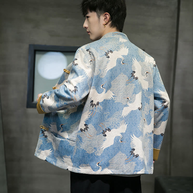 Buddha Stones Vestiti per il capodanno cinese Gru bianca Rana dorata Bottoni Tang Suit Giacca da uomo in cotone Camicia con tasche