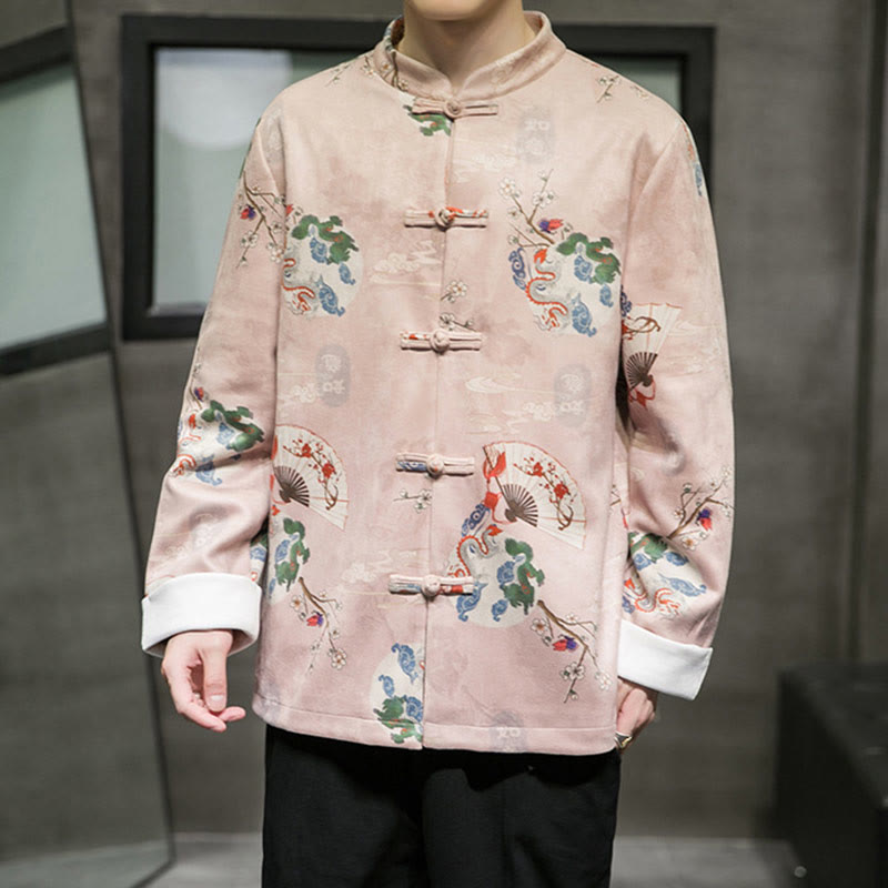 Buddha Stones Vestiti per il capodanno cinese Fiori Drago Ventaglio Nuvole di buon auspicio Rana-bottoni Tang Suit Giacca da uomo in cotone Camicia  - Rosa - US/UK/AU46, EU56 (5XL) - image 0