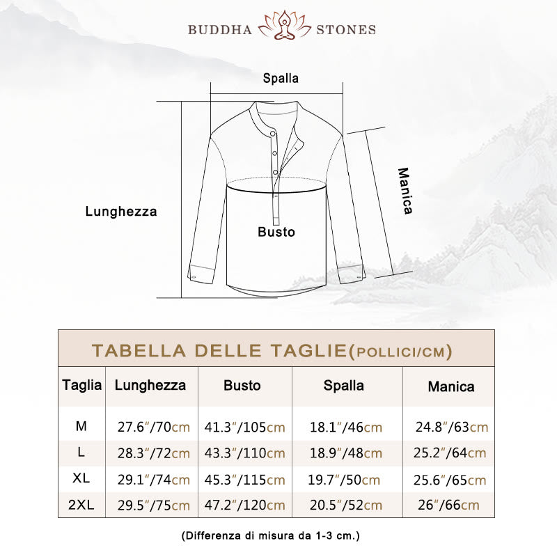 Camicia a Buddha Stones lunghe con bottoni a tinta unita in cotone e lino, abbigliamento maschile