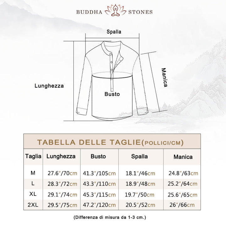 Camicia a Buddha Stones lunghe con bottoni a tinta unita in cotone e lino, abbigliamento maschile