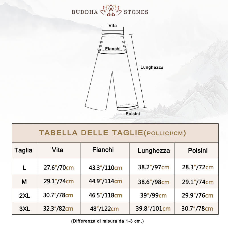 Pantaloni larghi a vita alta con bottoni a rana in cotone casual Buddha Stones con tasche