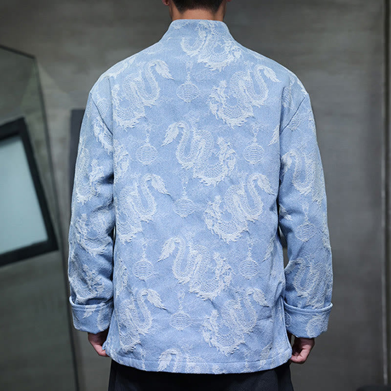 Buddha Stones Capodanno cinese Jacquard Ricamo Drago Lanterna Rana-bottoni Tang Suit Giacca Camicia da uomo in cotone con tasche