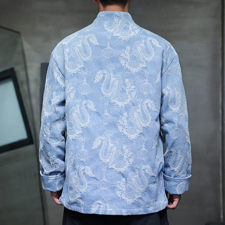 Buddha Stones Capodanno cinese Jacquard Ricamo Drago Lanterna Rana-bottoni Tang Suit Giacca Camicia da uomo in cotone con tasche