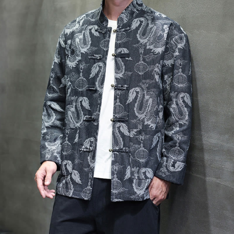 Buddha Stones Capodanno cinese Jacquard Ricamo Drago Lanterna Rana-bottoni Tang Suit Giacca Camicia da uomo in cotone con tasche