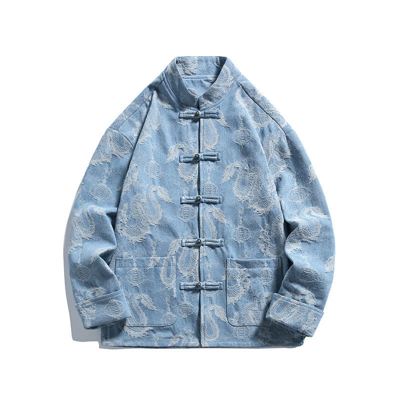 Buddha Stones Capodanno cinese Jacquard Ricamo Drago Lanterna Rana-bottoni Tang Suit Giacca Camicia da uomo in cotone con tasche