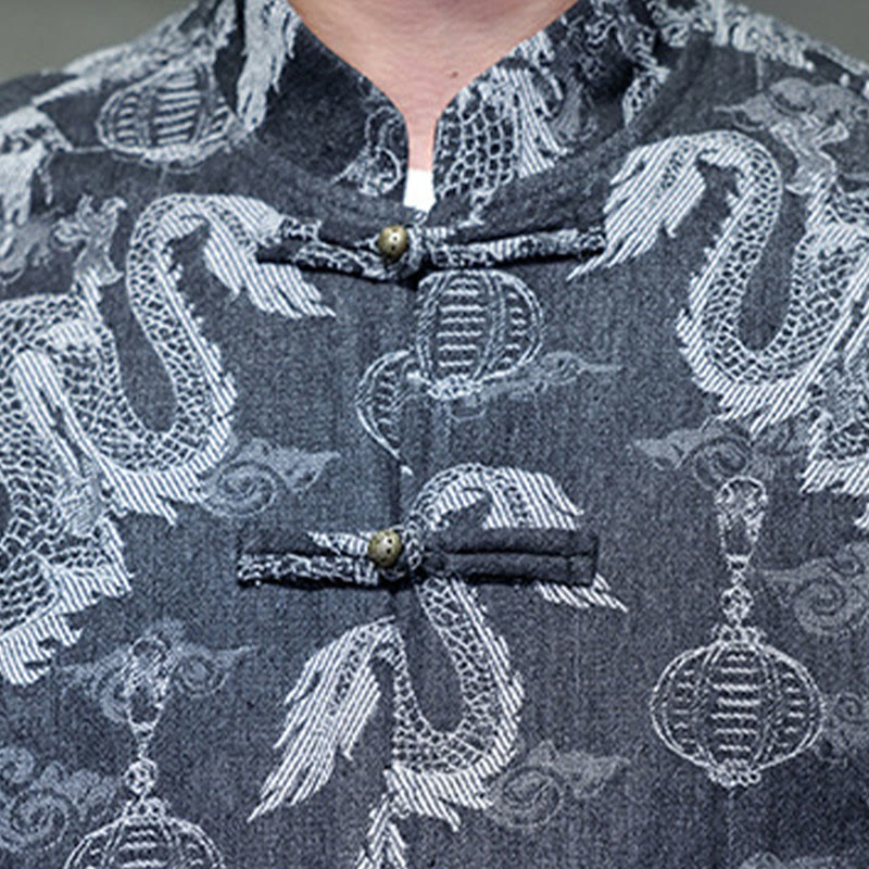 Buddha Stones Capodanno cinese Jacquard Ricamo Drago Lanterna Rana-bottoni Tang Suit Giacca Camicia da uomo in cotone con tasche