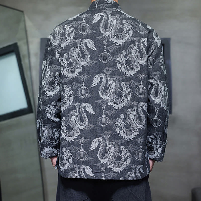 Buddha Stones Capodanno cinese Jacquard Ricamo Drago Lanterna Rana-bottoni Tang Suit Giacca Camicia da uomo in cotone con tasche
