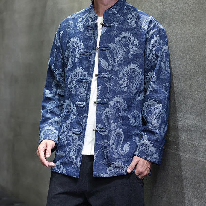Buddha Stones Capodanno cinese Jacquard Ricamo Drago Lanterna Rana-bottoni Tang Suit Giacca Camicia da uomo in cotone con tasche