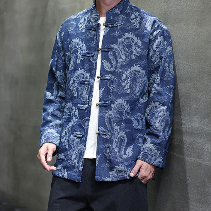 Buddha Stones Capodanno cinese Jacquard Ricamo Drago Lanterna Rana-bottoni Tang Suit Giacca Camicia da uomo in cotone con tasche