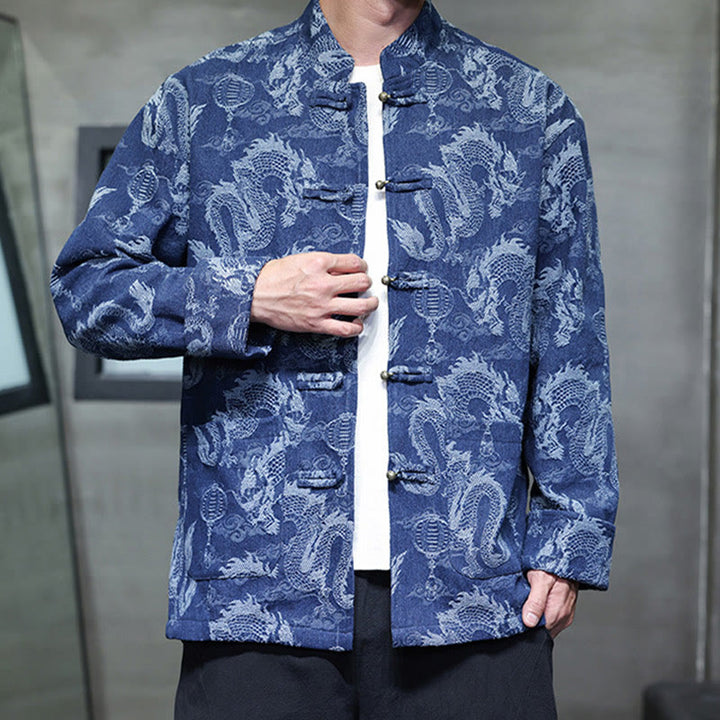 Buddha Stones Capodanno cinese Jacquard Ricamo Drago Lanterna Rana-bottoni Tang Suit Giacca Camicia da uomo in cotone con tasche