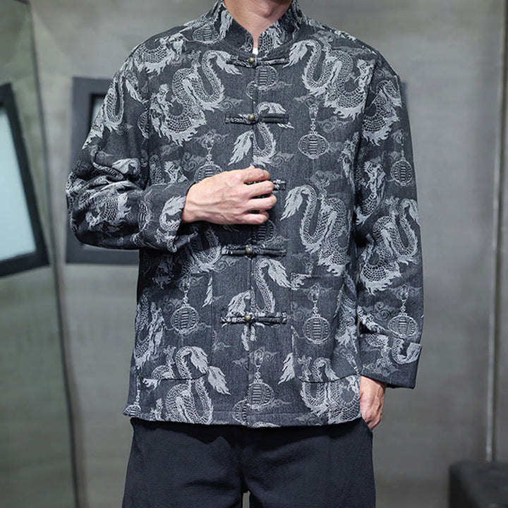 Buddha Stones Capodanno cinese Jacquard Ricamo Drago Lanterna Rana-bottoni Tang Suit Giacca Camicia da uomo in cotone con tasche