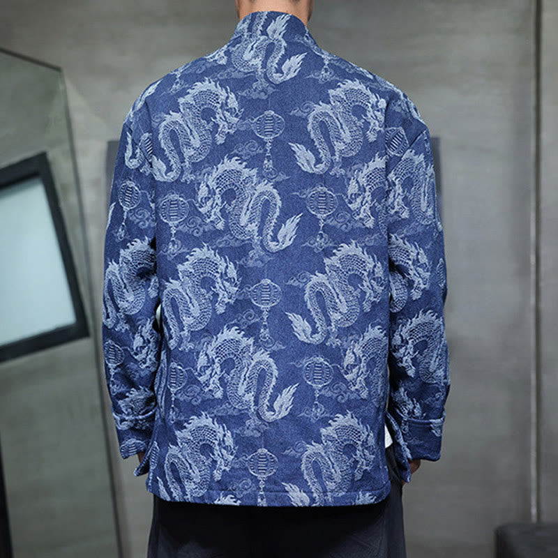 Buddha Stones Capodanno cinese Jacquard Ricamo Drago Lanterna Rana-bottoni Tang Suit Giacca Camicia da uomo in cotone con tasche