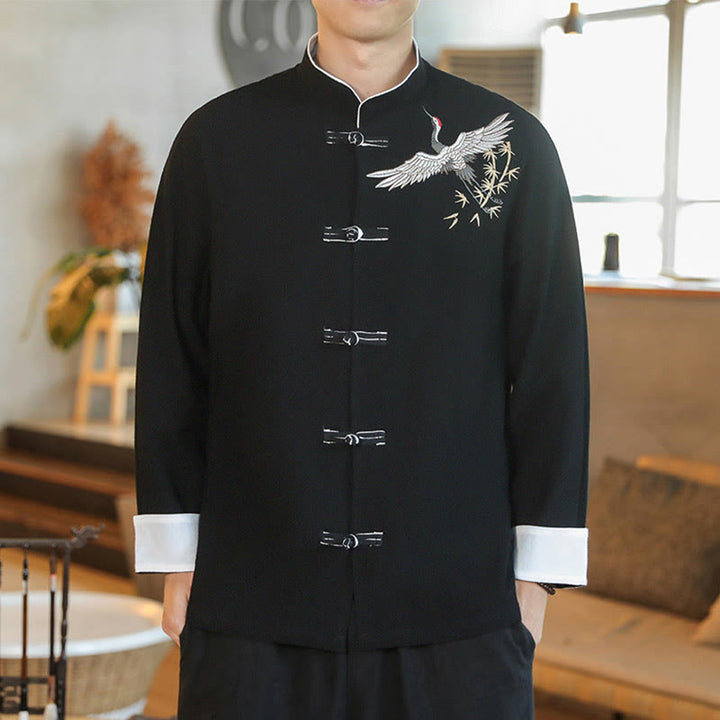 Buddha Stones Capodanno cinese Gru volante Ricamo Rana-bottoni Tang Suit Giacca da uomo in cotone Camicia - Nero - US/UK/AU46, EU56 (5XL) - image 10