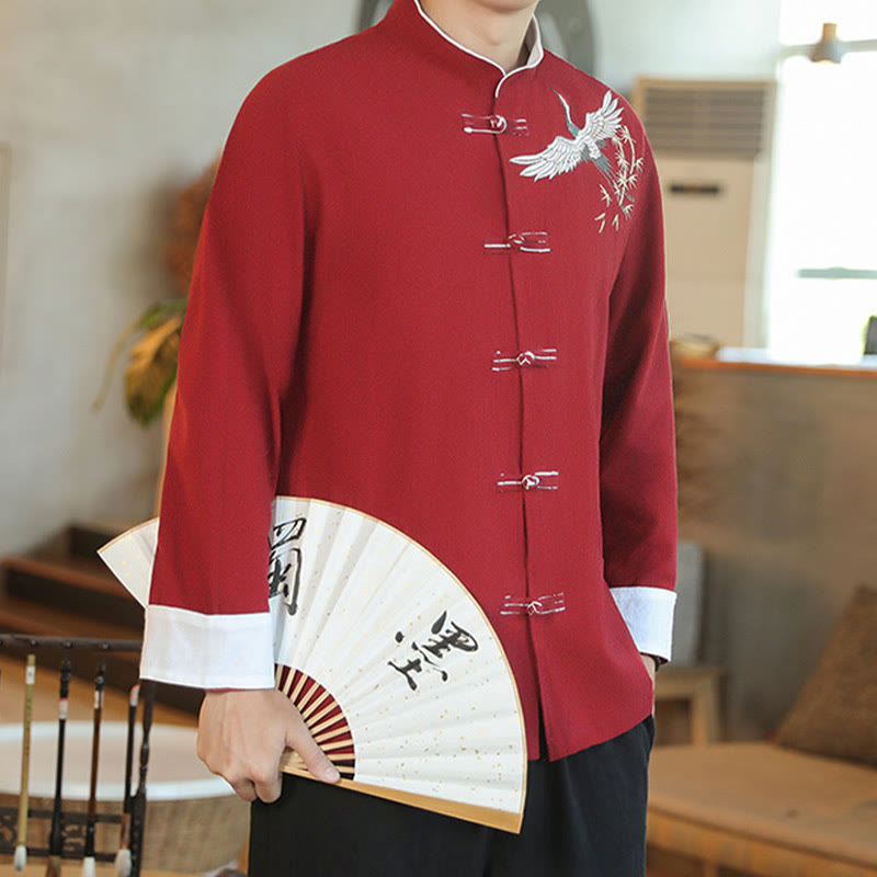 Buddha Stones Capodanno cinese Gru volante Ricamo Rana-bottoni Tang Suit Giacca da uomo in cotone Camicia - image 8