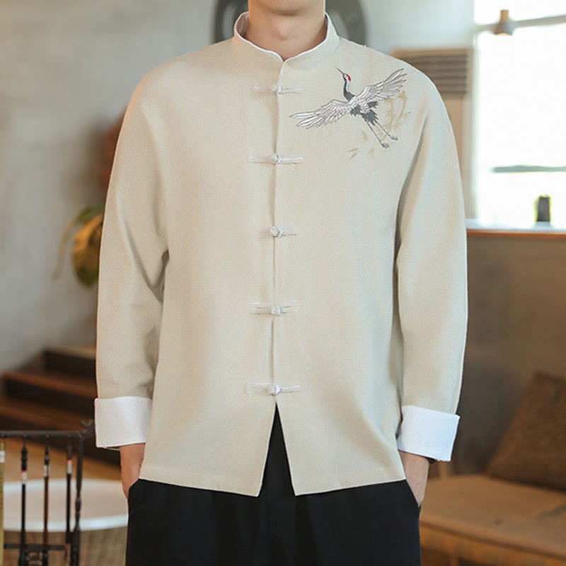 Buddha Stones Capodanno cinese Gru volante Ricamo Rana-bottoni Tang Suit Giacca da uomo in cotone Camicia