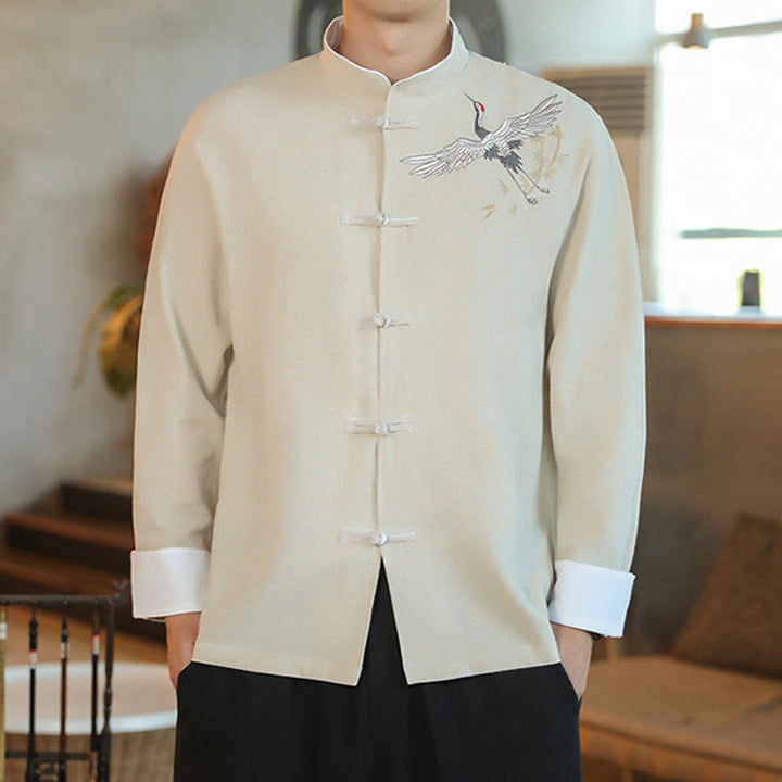 Buddha Stones Capodanno cinese Gru volante Ricamo Rana-bottoni Tang Suit Giacca da uomo in cotone Camicia