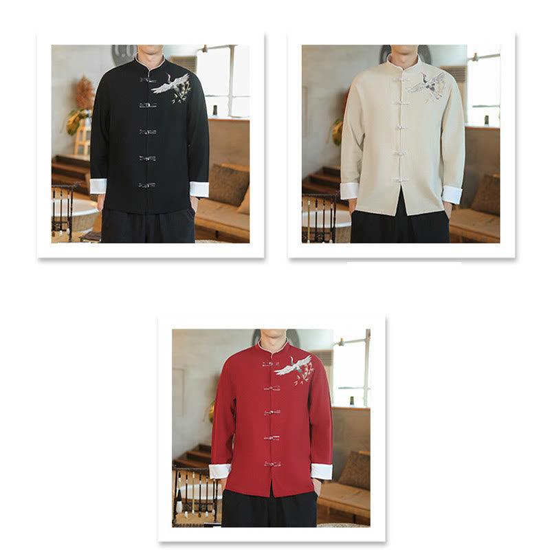 Buddha Stones Capodanno cinese Gru volante Ricamo Rana-bottoni Tang Suit Giacca da uomo in cotone Camicia