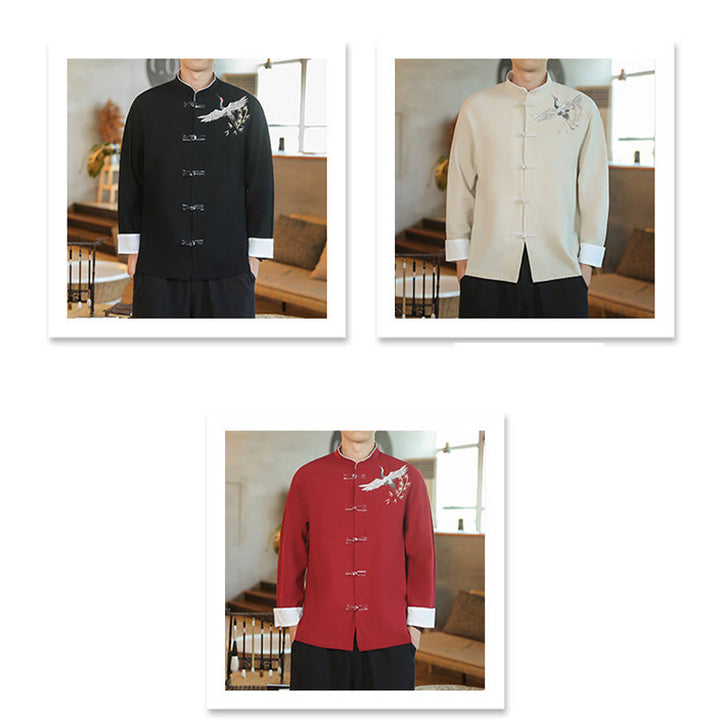 Buddha Stones Capodanno cinese Gru volante Ricamo Rana-bottoni Tang Suit Giacca da uomo in cotone Camicia