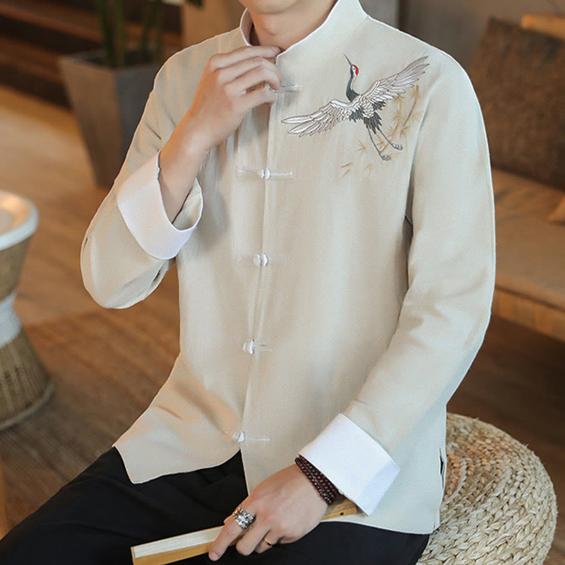 Buddha Stones Capodanno cinese Gru volante Ricamo Rana-bottoni Tang Suit Giacca da uomo in cotone Camicia
