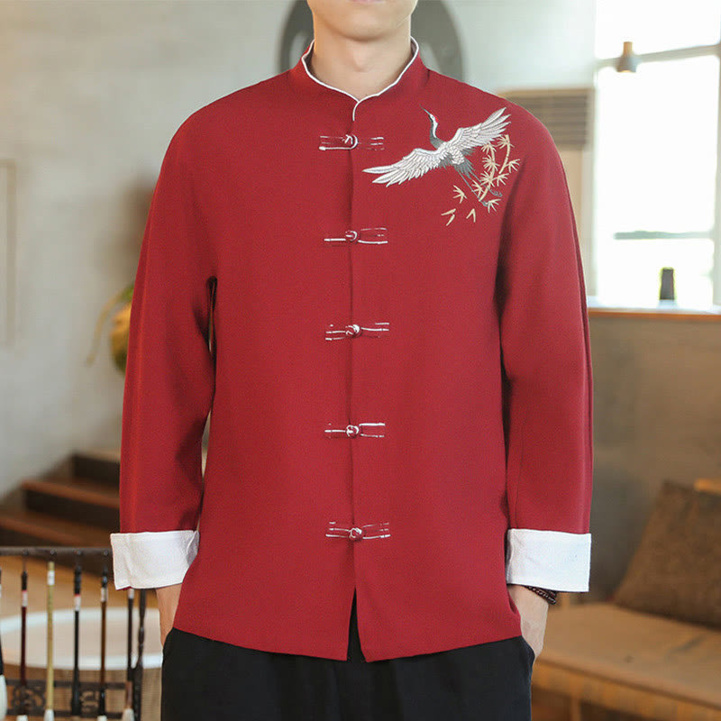 Buddha Stones Capodanno cinese Gru volante Ricamo Rana-bottoni Tang Suit Giacca da uomo in cotone Camicia - Cremisi - US/UK/AU46, EU56 (5XL) - image 0