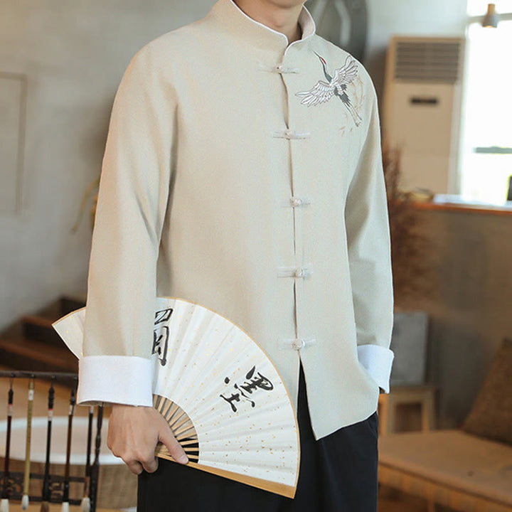 Buddha Stones Capodanno cinese Gru volante Ricamo Rana-bottoni Tang Suit Giacca da uomo in cotone Camicia - image 18
