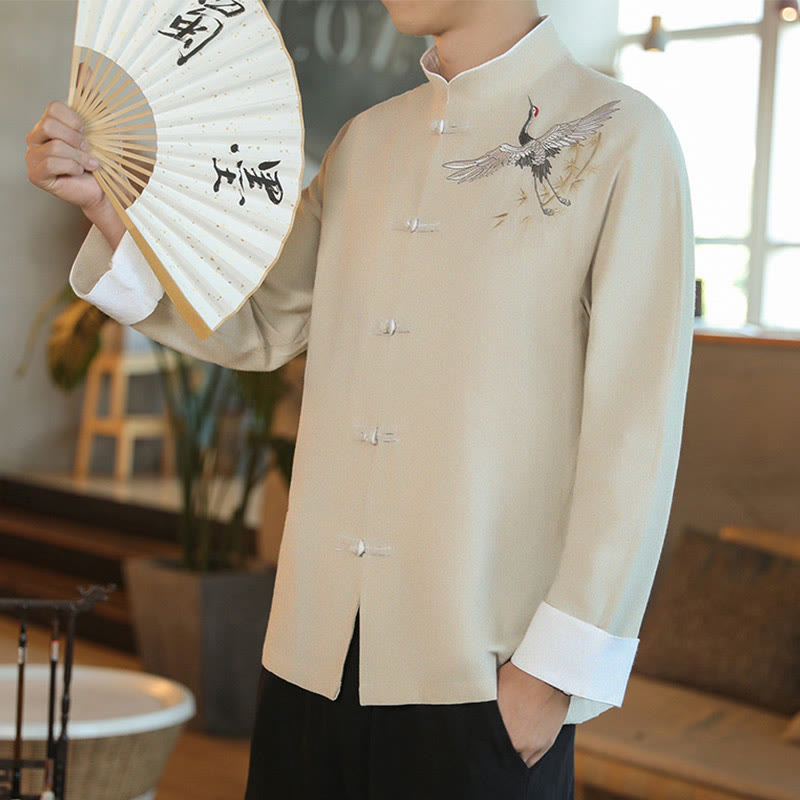 Buddha Stones Capodanno cinese Gru volante Ricamo Rana-bottoni Tang Suit Giacca da uomo in cotone Camicia - image 22