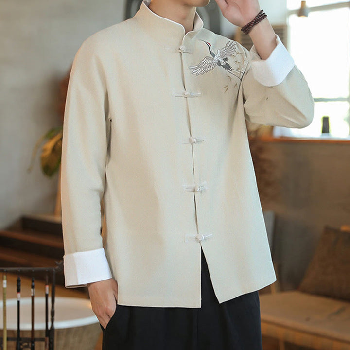 Buddha Stones Capodanno cinese Gru volante Ricamo Rana-bottoni Tang Suit Giacca da uomo in cotone Camicia