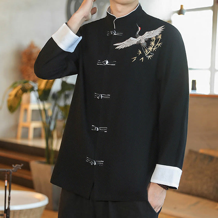Buddha Stones Capodanno cinese Gru volante Ricamo Rana-bottoni Tang Suit Giacca da uomo in cotone Camicia