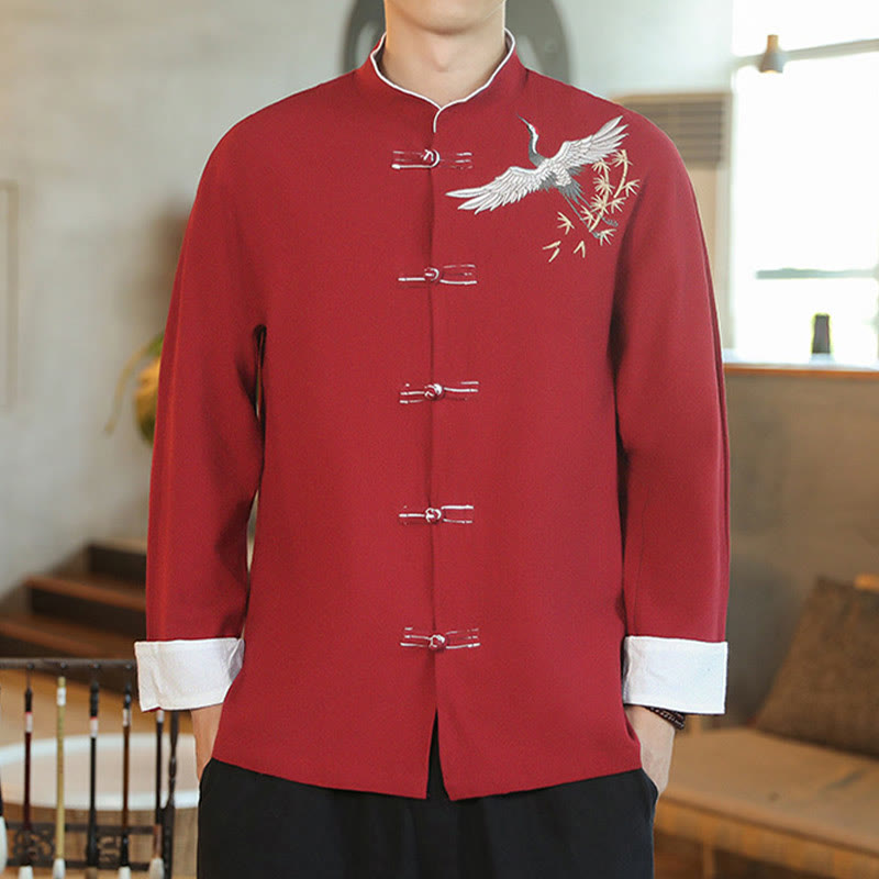 Buddha Stones Capodanno cinese Gru volante Ricamo Rana-bottoni Tang Suit Giacca da uomo in cotone Camicia