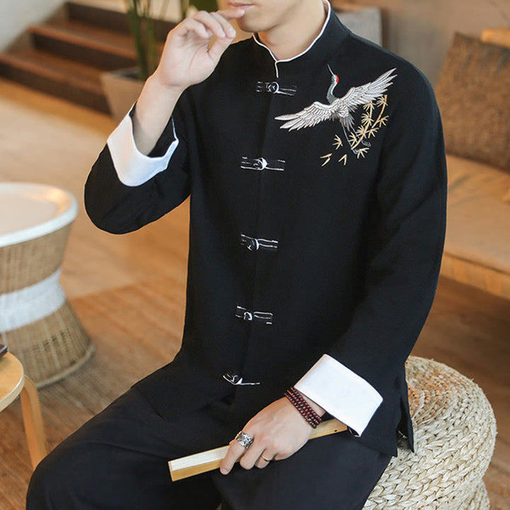 Buddha Stones Capodanno cinese Gru volante Ricamo Rana-bottoni Tang Suit Giacca da uomo in cotone Camicia