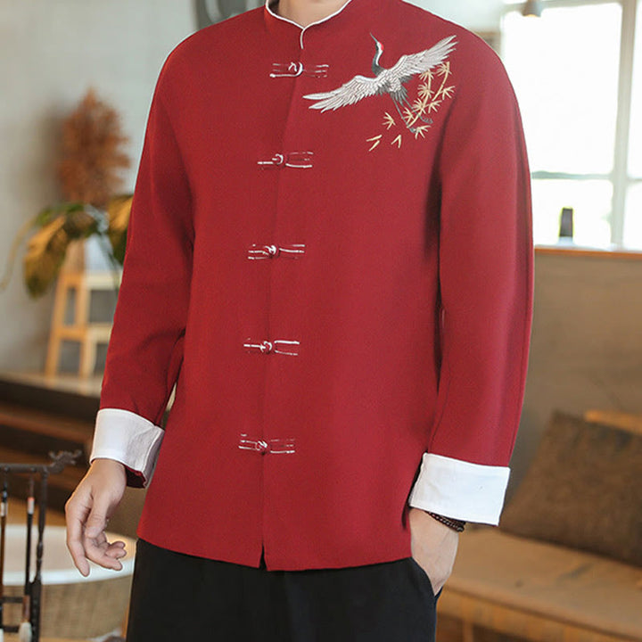 Buddha Stones Capodanno cinese Gru volante Ricamo Rana-bottoni Tang Suit Giacca da uomo in cotone Camicia
