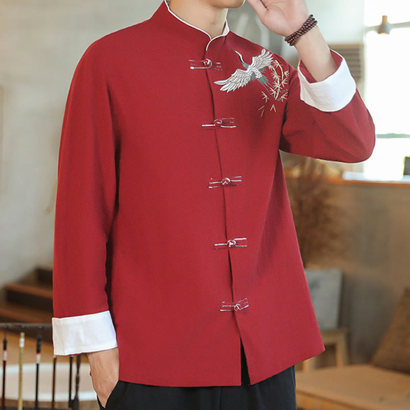 Buddha Stones Capodanno cinese Gru volante Ricamo Rana-bottoni Tang Suit Giacca da uomo in cotone Camicia