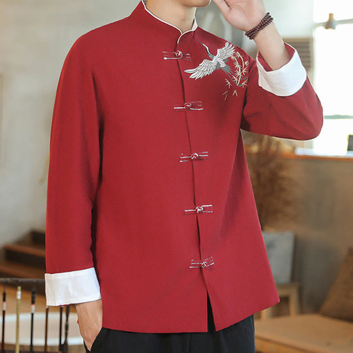 Buddha Stones Capodanno cinese Gru volante Ricamo Rana-bottoni Tang Suit Giacca da uomo in cotone Camicia