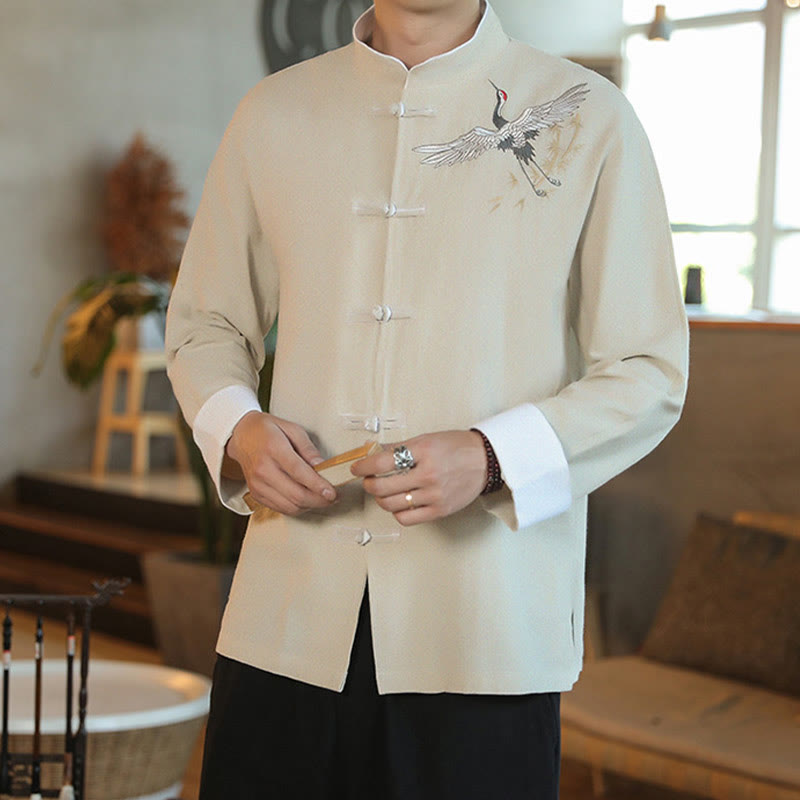 Buddha Stones Capodanno cinese Gru volante Ricamo Rana-bottoni Tang Suit Giacca da uomo in cotone Camicia