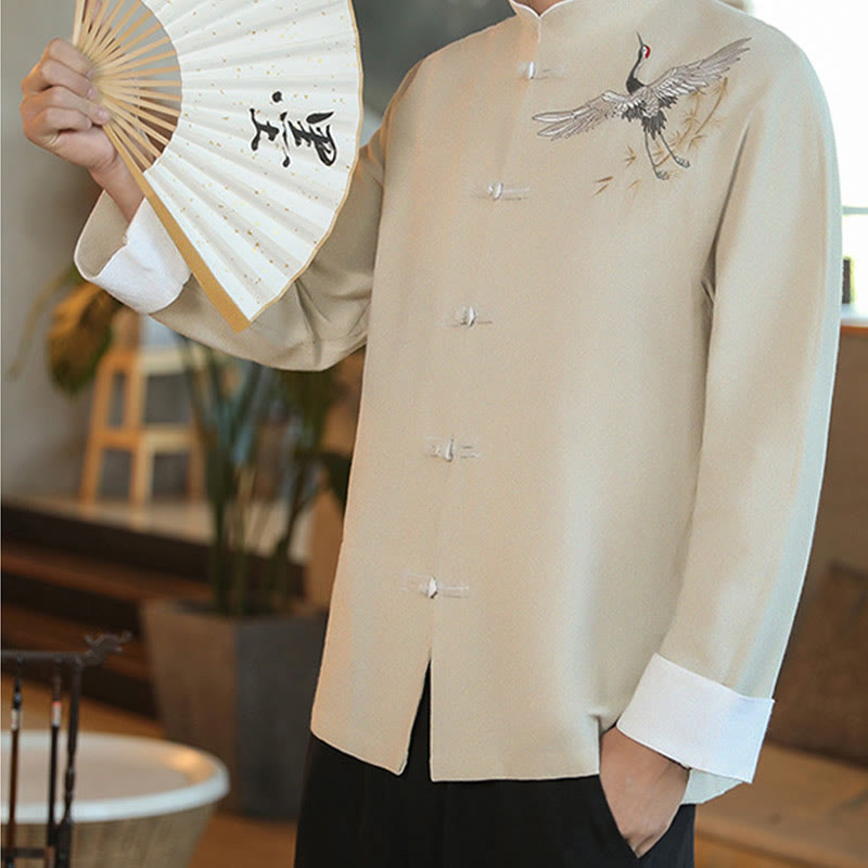 Buddha Stones Capodanno cinese Gru volante Ricamo Rana-bottoni Tang Suit Giacca da uomo in cotone Camicia - image 24