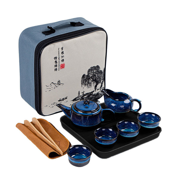 Buddha Stones Blu Gradiente Colore Cinese Gongfu Tè Teiera in Ceramica Portatile Sacchetto Regalo Scatola Set - 1 teiera + 4 tazze + 1 teiera + vassoio + sacchetto - image 0